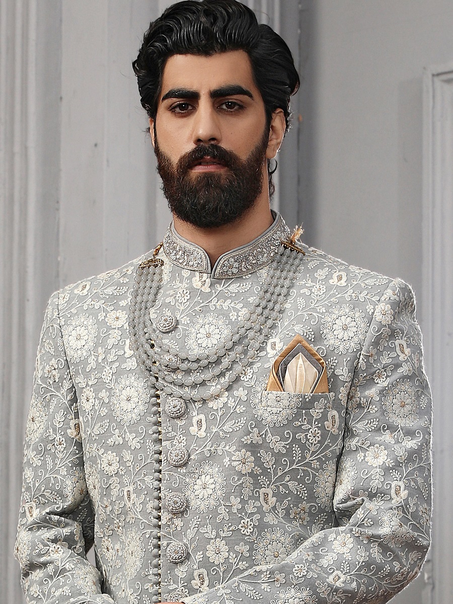 Grey Lukhnavi Embroidered Wedding Groom Sherwani