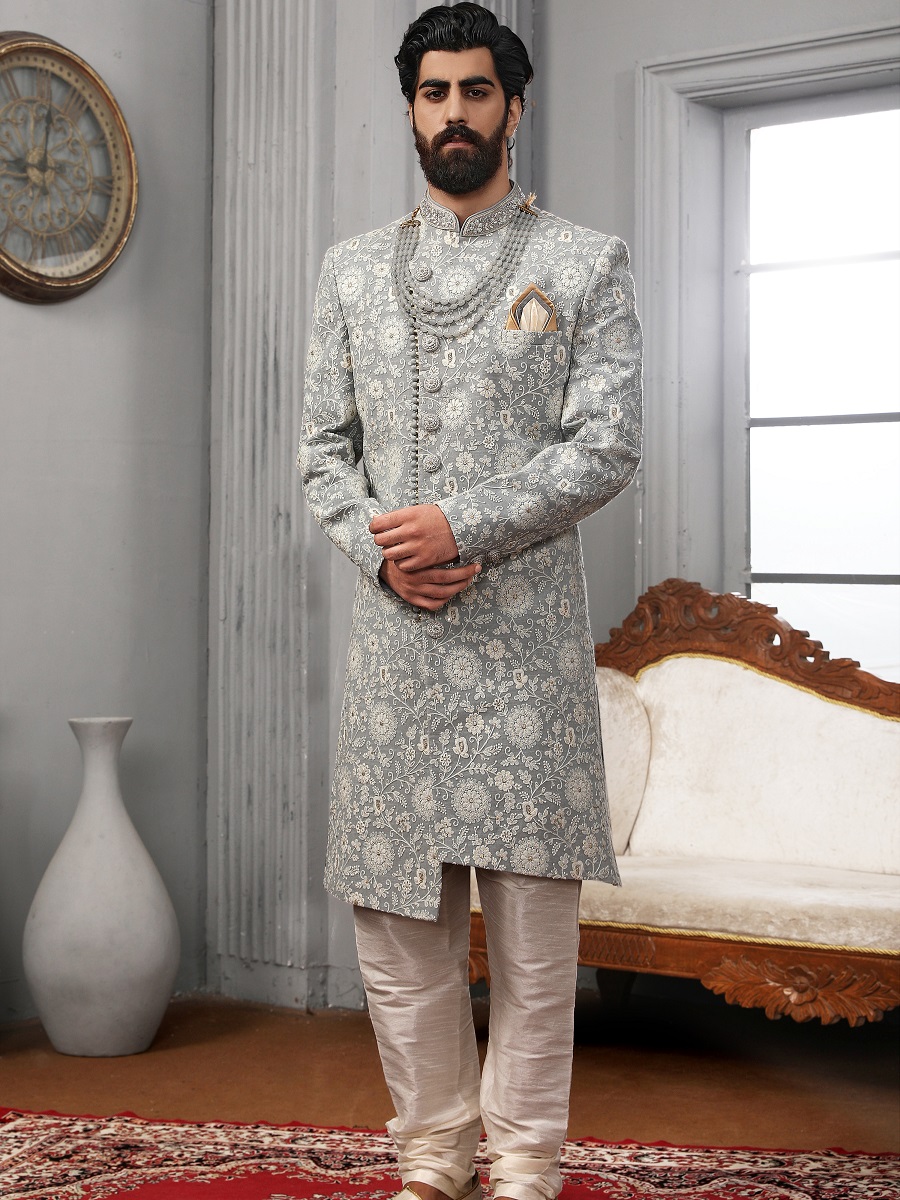 Grey Lukhnavi Embroidered Wedding Groom Sherwani