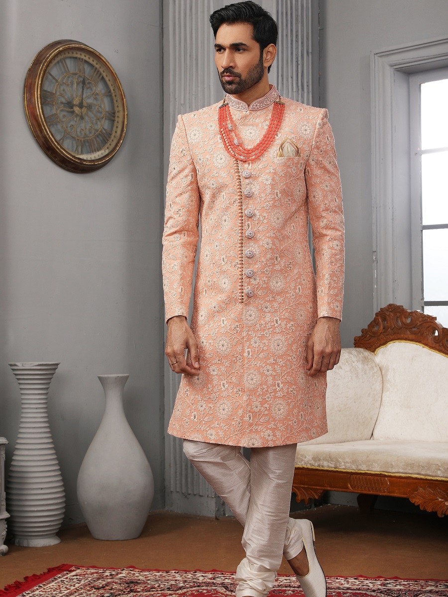 Orange Lukhnavi Embroidered Wedding Groom Sherwani