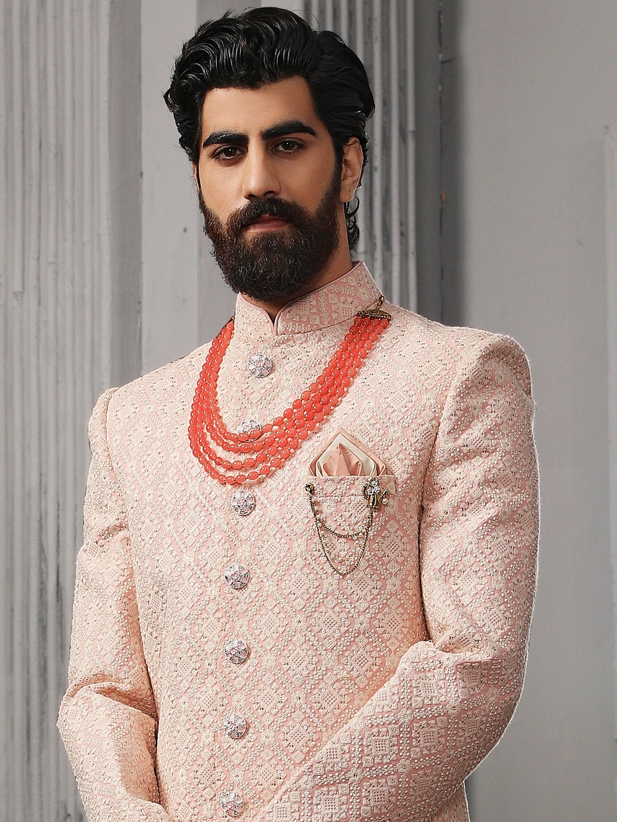 Pink Lukhnavi Embroidered Wedding Groom Sherwani