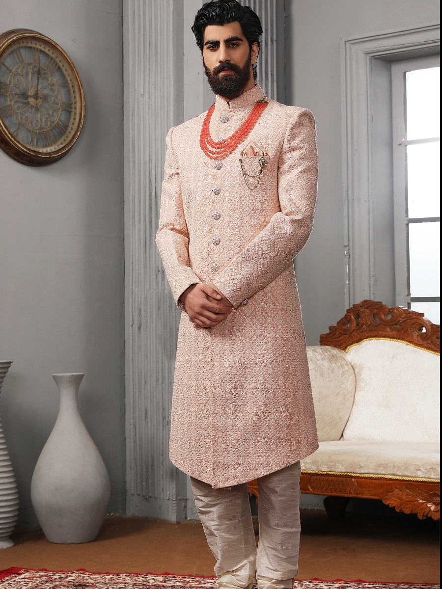Pink Lukhnavi Embroidered Wedding Groom Sherwani