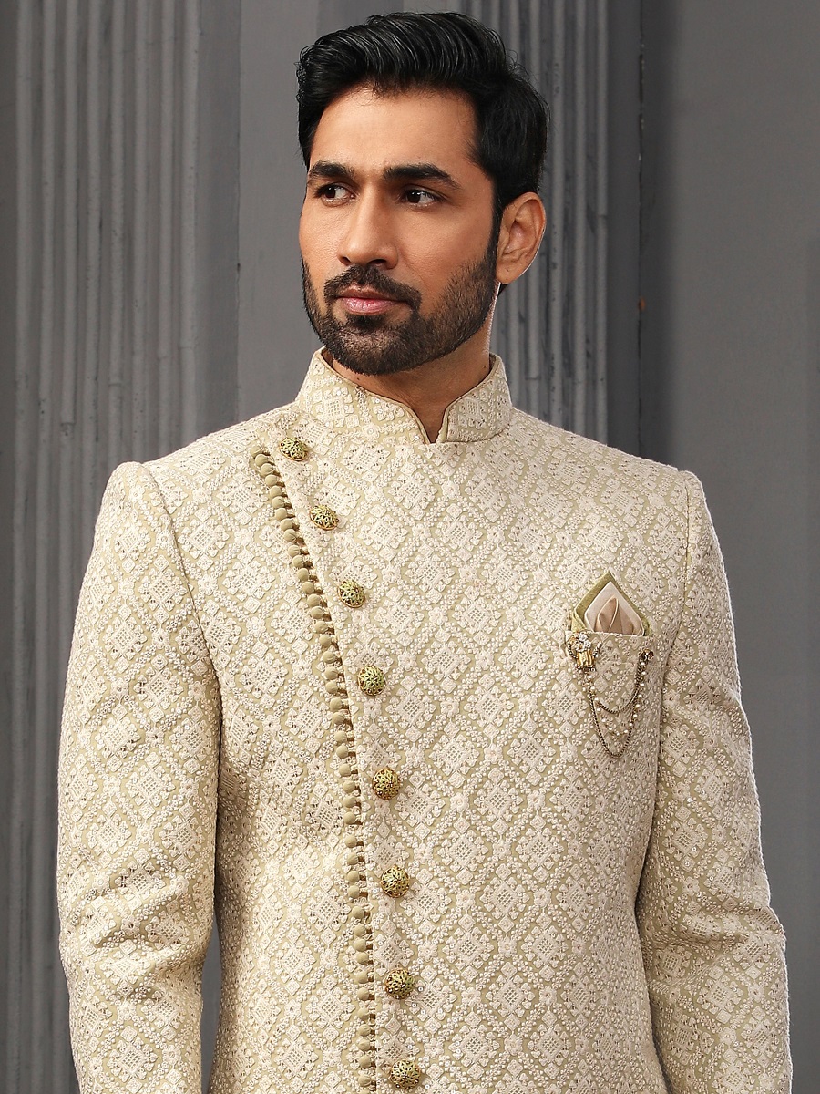 Sea Green Lukhnavi Embroidered Wedding Groom Sherwani