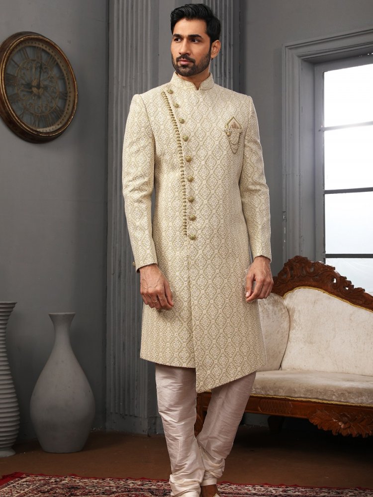 Sea Green Lukhnavi Embroidered Wedding Groom Sherwani