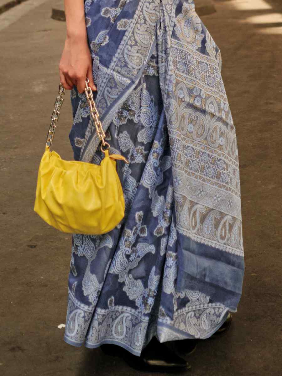 Aegon Blue Lucknowi Organza Handwoven Wedding Festival Heavy Border Saree