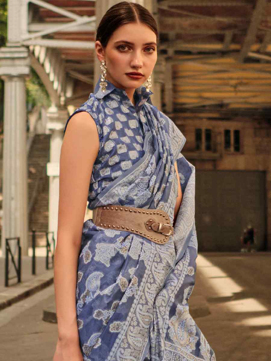 Aegon Blue Lucknowi Organza Handwoven Wedding Festival Heavy Border Saree