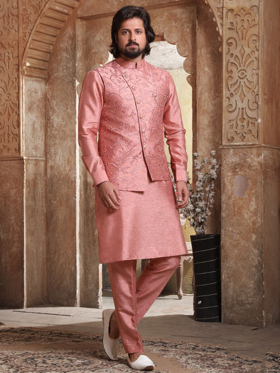 Amaranth Pink Banarasi Silk Wedding And Festival Plain Kurta with Waistcoat