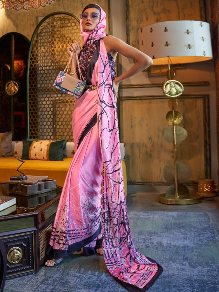 Amaranth Pink Crepe Festival Printed Saree