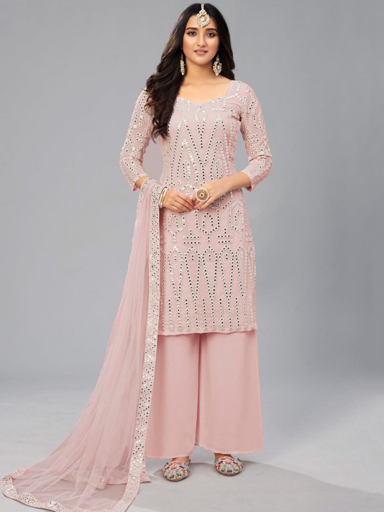 Amaranth Pink Faux Georgette Embroidered Party Palazzo Pant Kameez