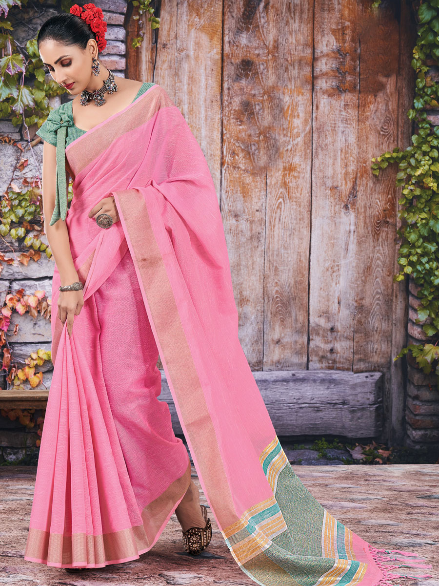 Amaranth Pink Linen Plain Festival Saree