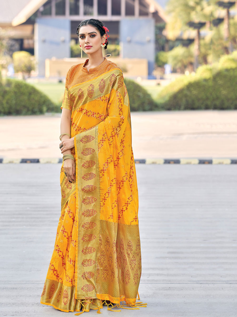 Amber Orange Organza Handwoven Festival Saree