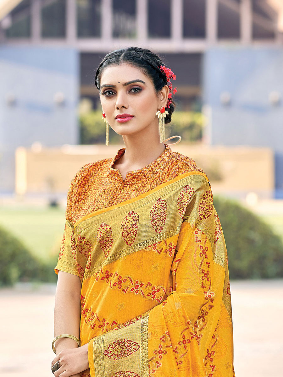Amber Orange Organza Handwoven Festival Saree