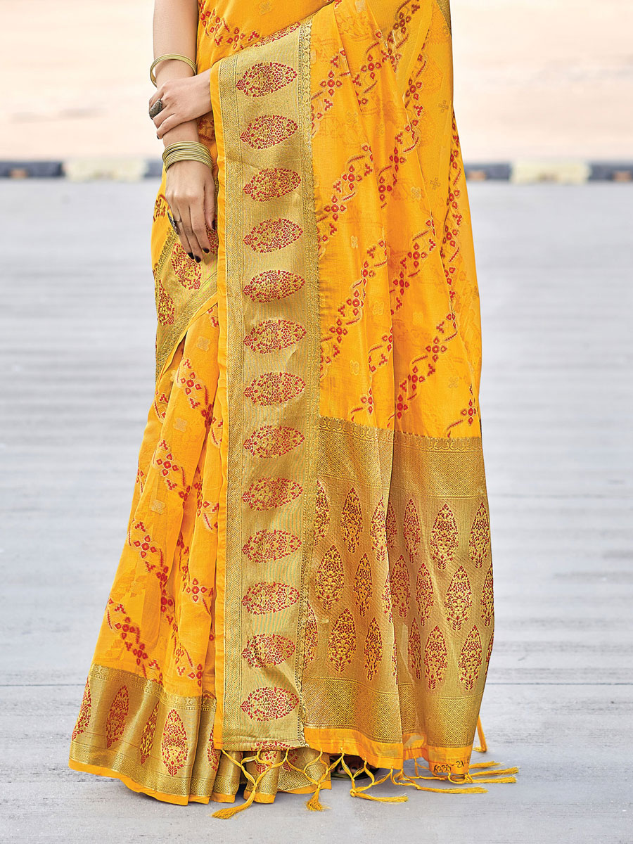Amber Orange Organza Handwoven Festival Saree