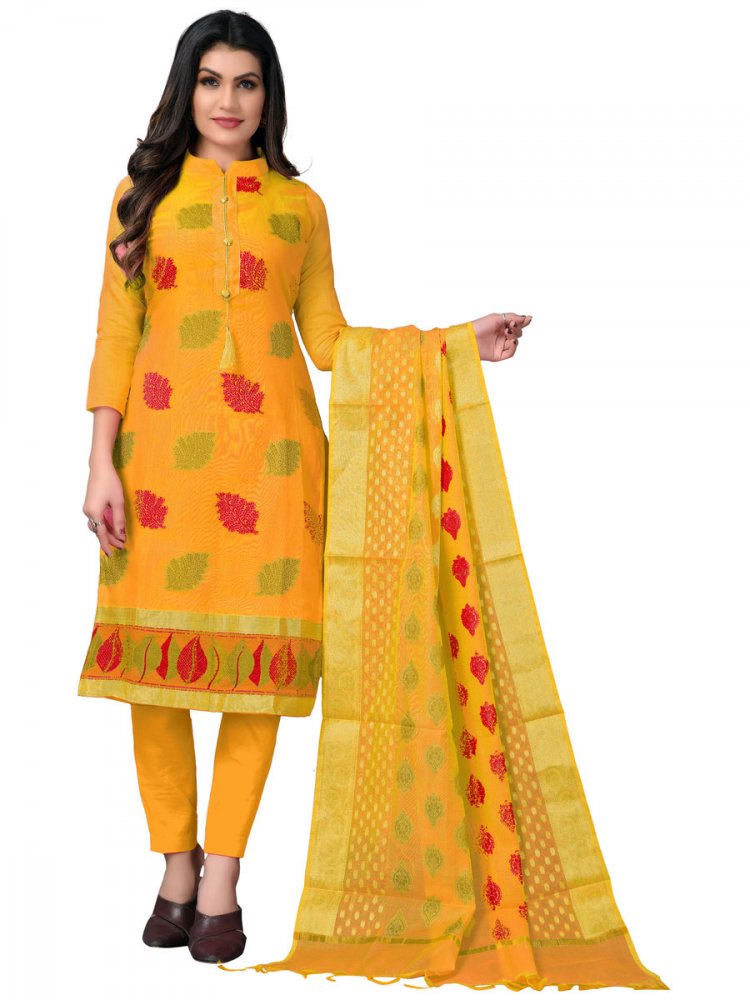 Amber Yellow Benarasi Jacquard Embroidered Festival Churidar Kameez