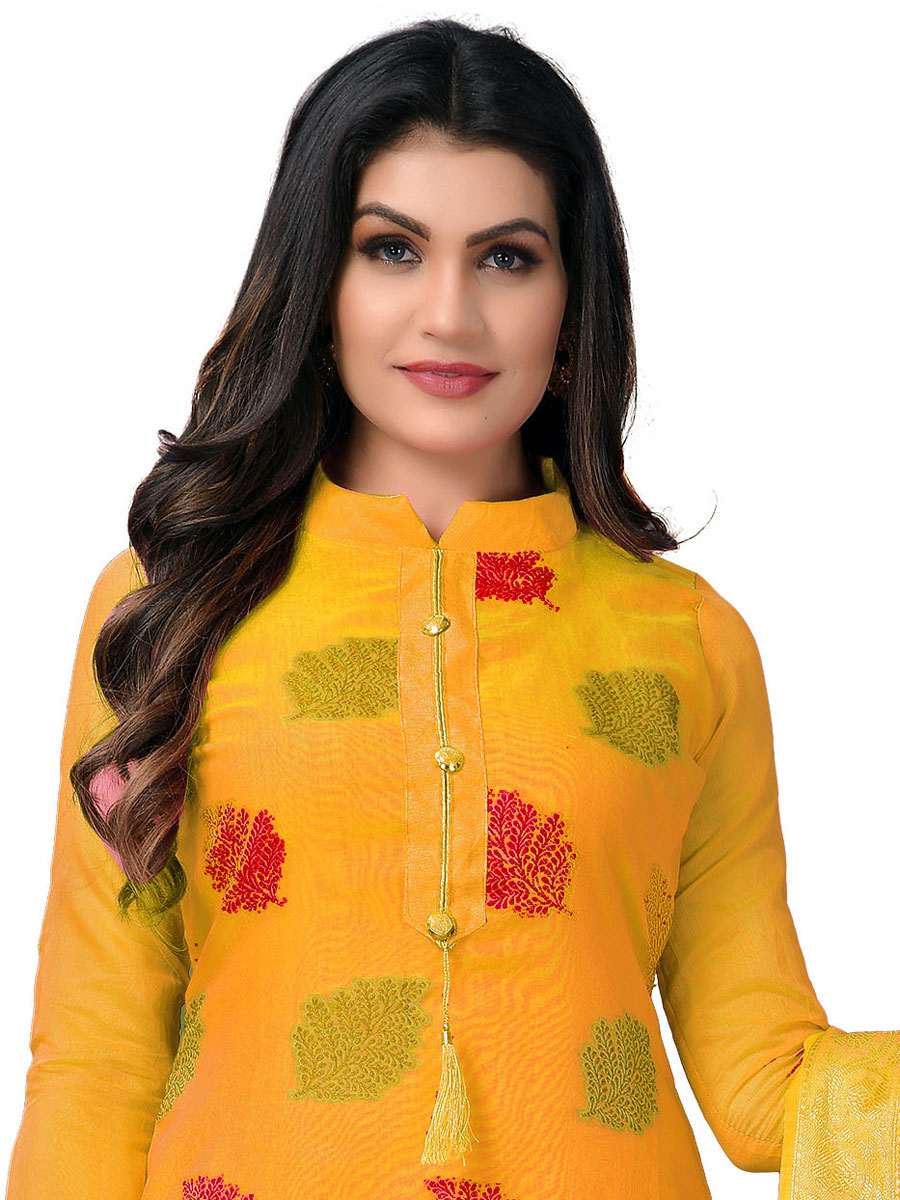 Amber Yellow Benarasi Jacquard Embroidered Festival Churidar Kameez