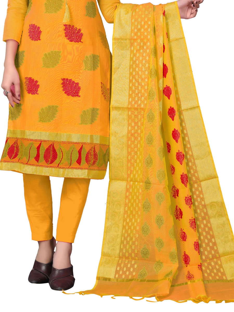 Amber Yellow Benarasi Jacquard Embroidered Festival Churidar Kameez