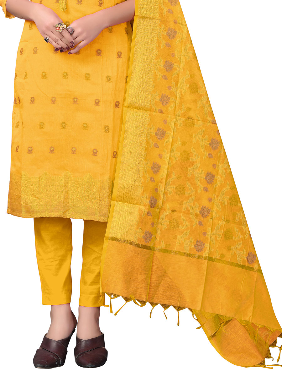 Amber Yellow Benarasi Jacquard Handwoven Festival Churidar Kameez