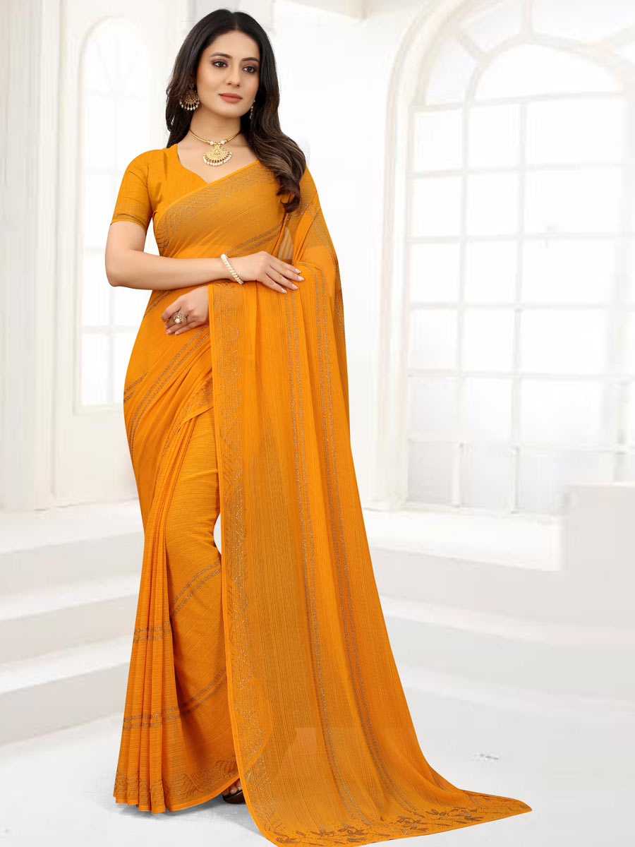 Amber Yellow Chiffon Embroidered Party Saree