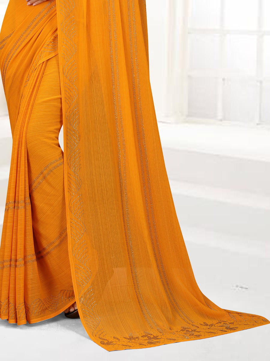 Amber Yellow Chiffon Embroidered Party Saree