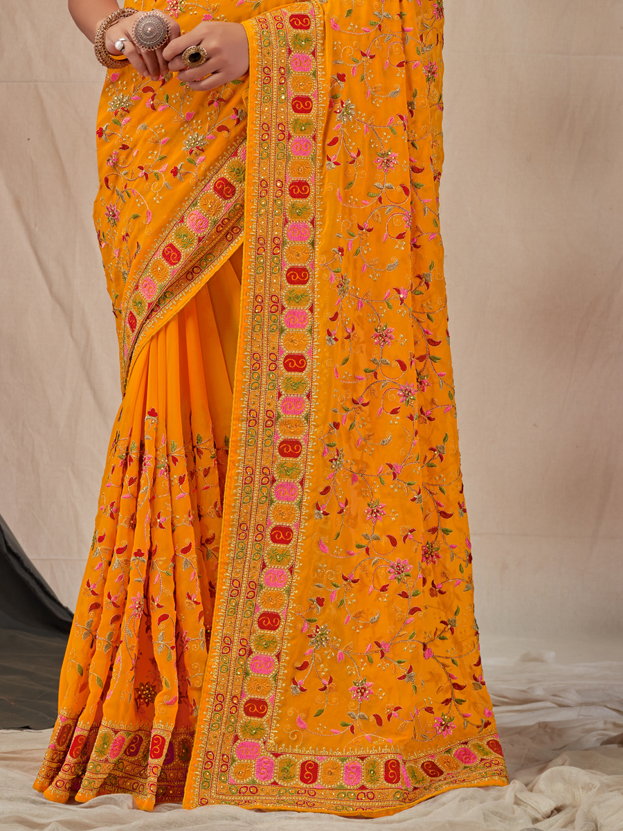 Amber Yellow Faux Georgette Embroidered Party Saree