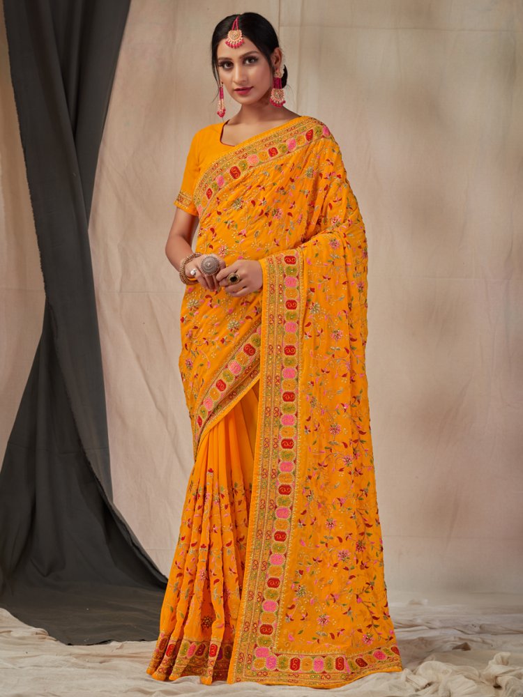 Amber Yellow Faux Georgette Embroidered Party Saree