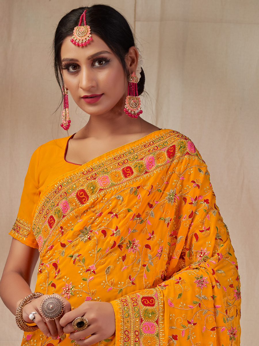 Amber Yellow Faux Georgette Embroidered Party Saree
