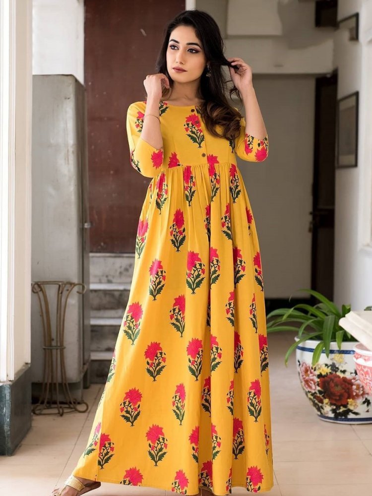 Amber Yellow Maslin Silk Casual Printed Gown