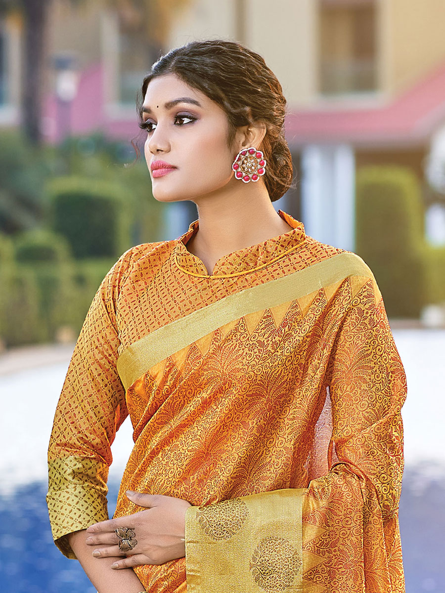 Amber Yellow Organza Handwoven Festival Saree