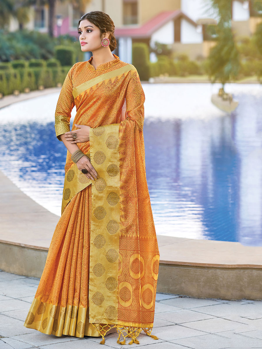 Amber Yellow Organza Handwoven Festival Saree