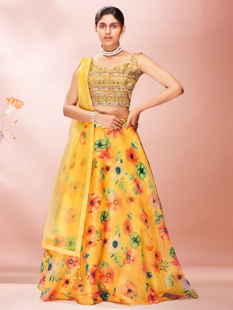 Amber Yellow Organza Printed Party Lehenga Choli