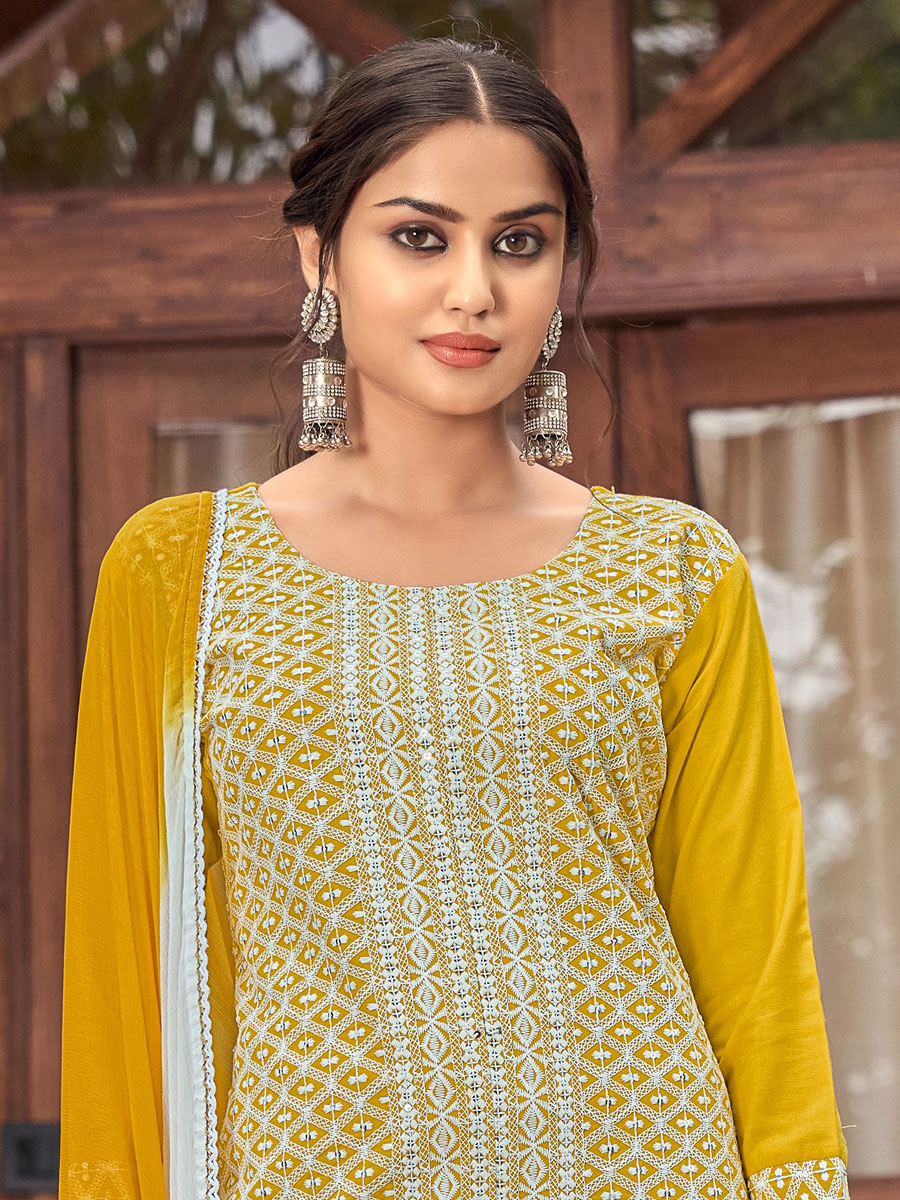 Amber Yellow Rayon Embroidered Festival Pant Kameez