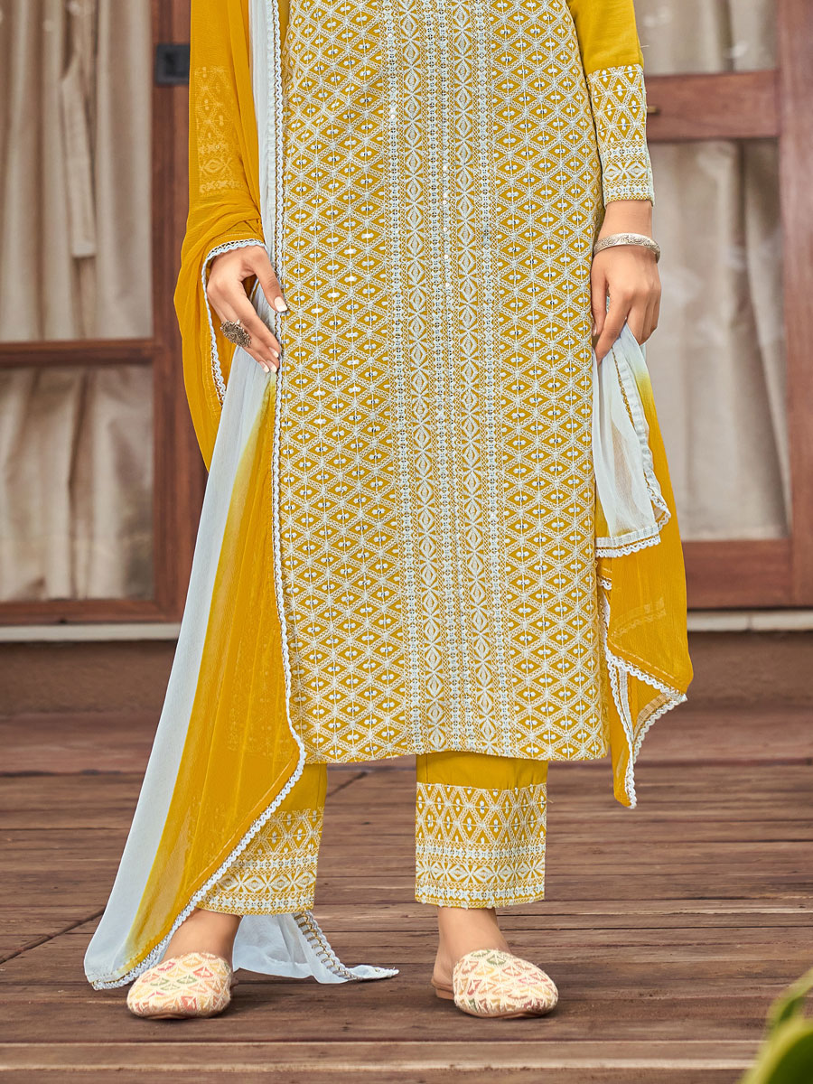 Amber Yellow Rayon Embroidered Festival Pant Kameez