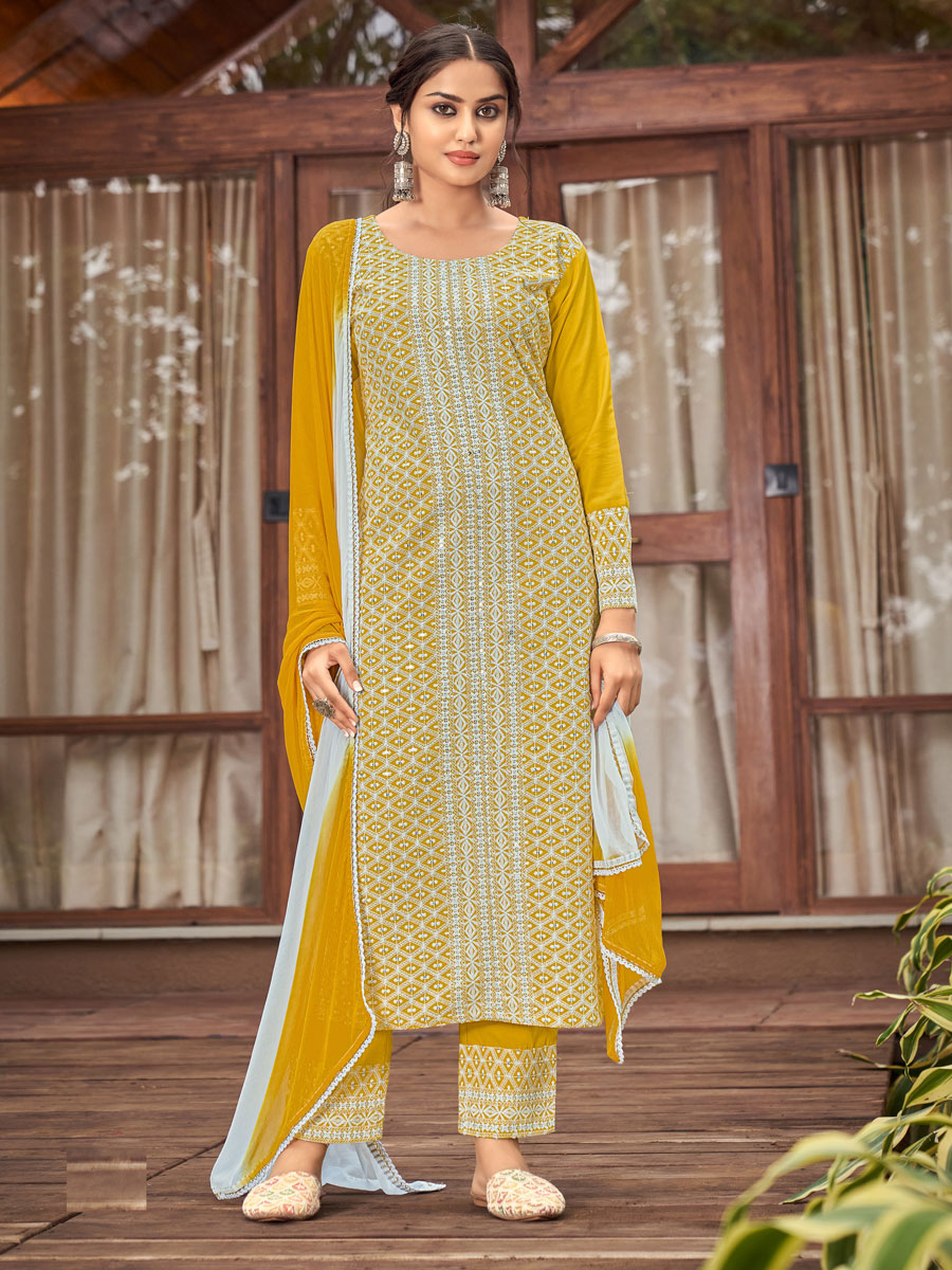 Amber Yellow Rayon Embroidered Festival Pant Kameez