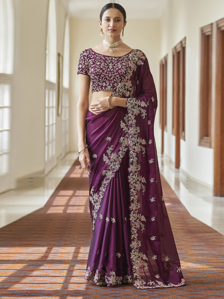 Amethyst Violet Crepe Embroidered Party Saree