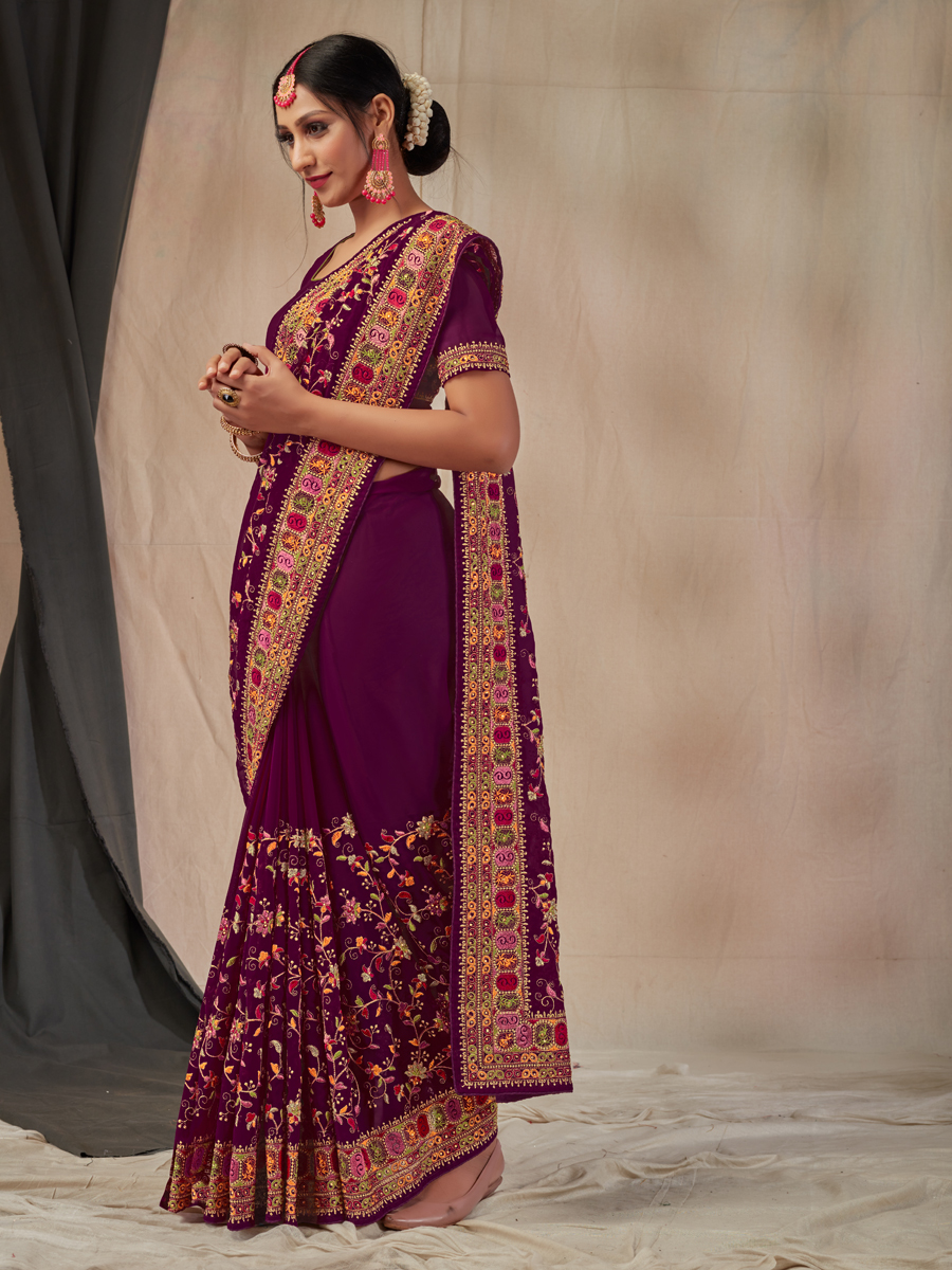 Amethyst Violet Faux Georgette Embroidered Party Saree