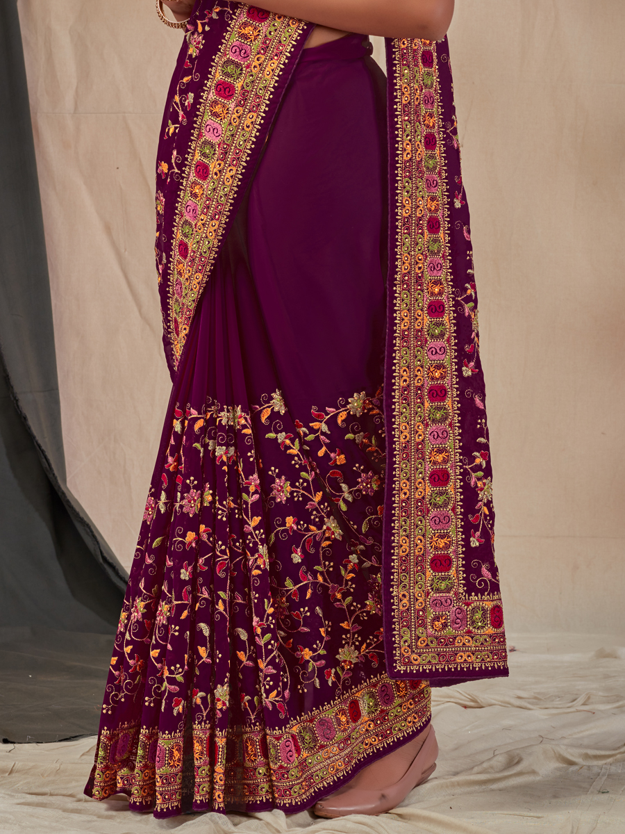 Amethyst Violet Faux Georgette Embroidered Party Saree