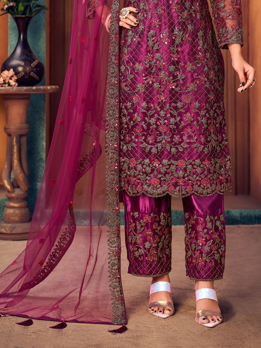 Amethyst Violet Net Embroidered Party Palazzo Pant Kameez