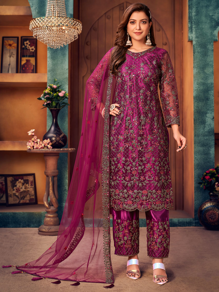 Amethyst Violet Net Embroidered Party Palazzo Pant Kameez