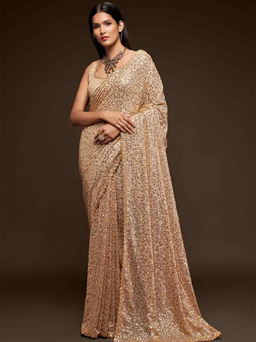 Ancient Ivory Georgette Embroidery Festival Wedding Fancy Heavy Border Saree