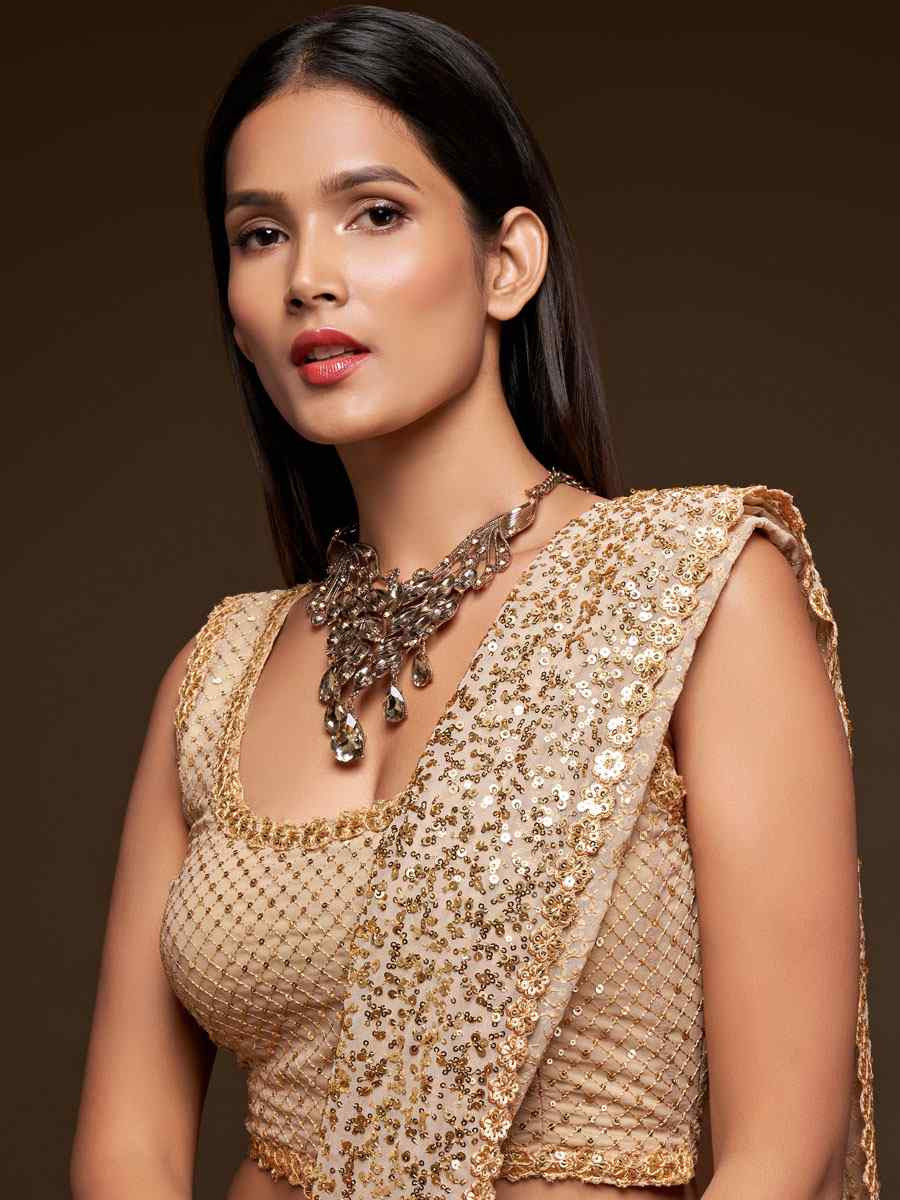 Ancient Ivory Georgette Embroidery Festival Wedding Fancy Heavy Border Saree