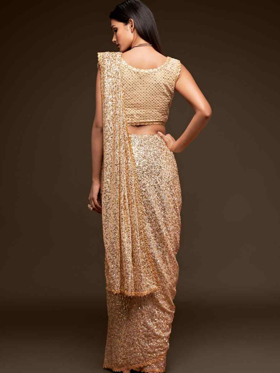 Ancient Ivory Georgette Embroidery Festival Wedding Fancy Heavy Border Saree