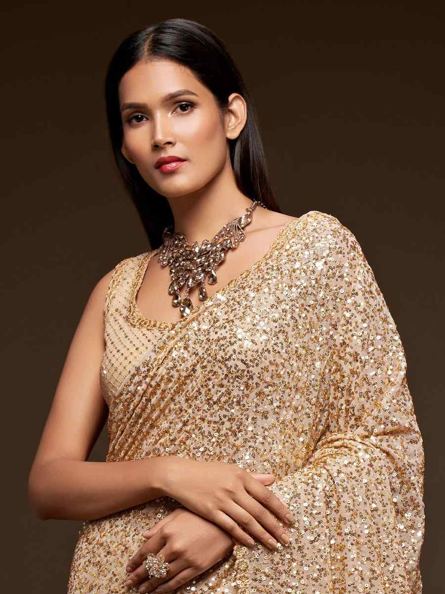 Ancient Ivory Georgette Embroidery Festival Wedding Fancy Heavy Border Saree