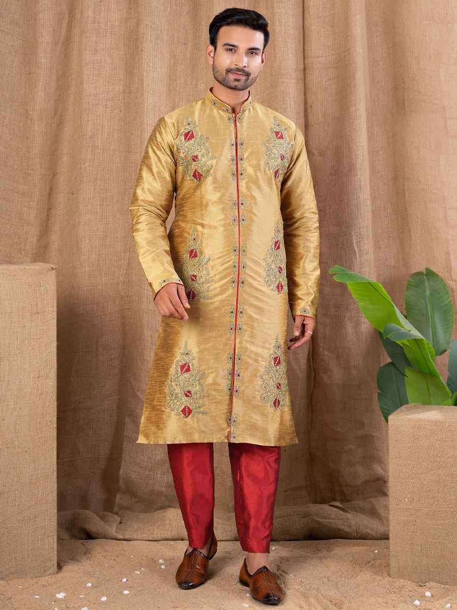 Antique Art Silk Embroidery Festival Wedding Party Mens Kurta