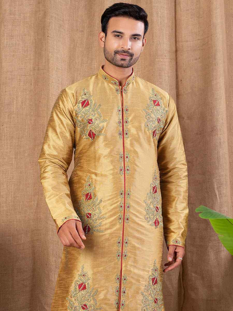 Antique Art Silk Embroidery Festival Wedding Party Mens Kurta