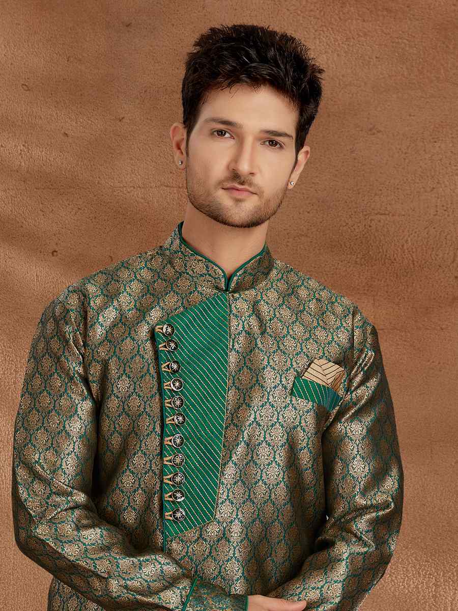 Antique Green Jacquard Woven Party Wedding Kurta