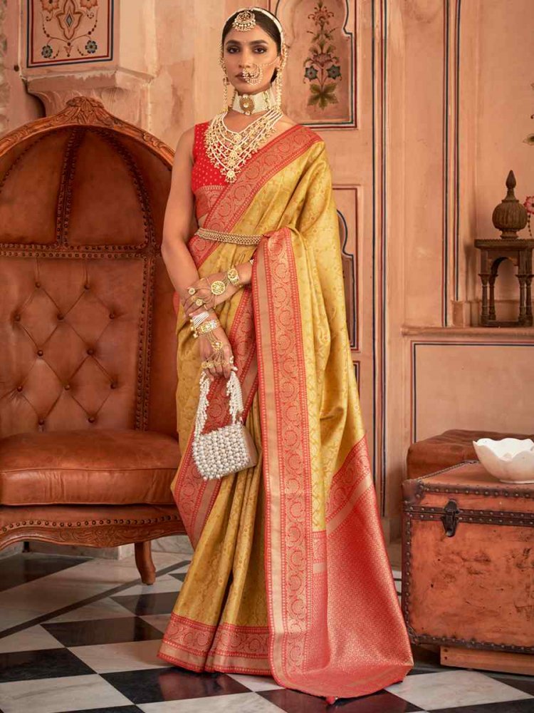 Apricot Orange Banarasi Silk Handwoven Wedding Festival Heavy Border Saree