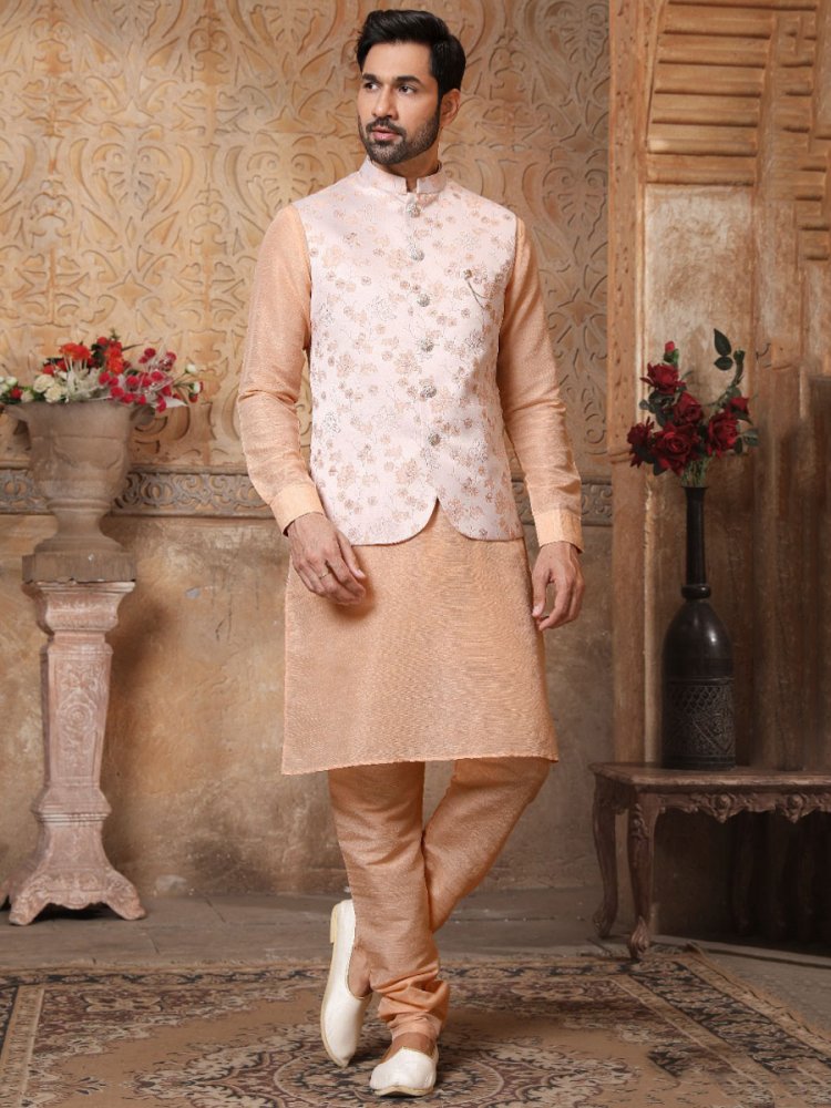 Apricot Orange Banarasi Silk Wedding And Festival Plain Kurta with Waistcoat