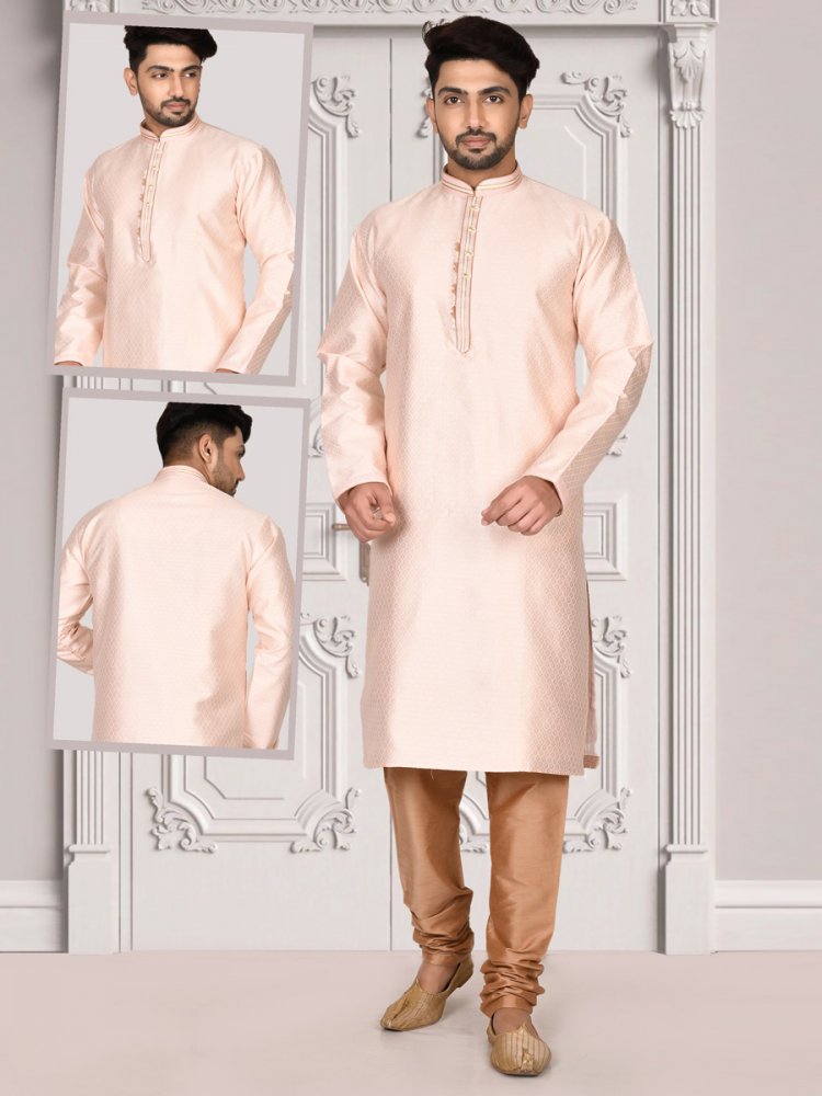 Apricot Orange Brocade Embroidered Festival Kurta