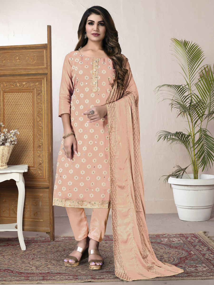 Apricot Orange Chanderi Cotton Embroidered Party Pant Kameez
