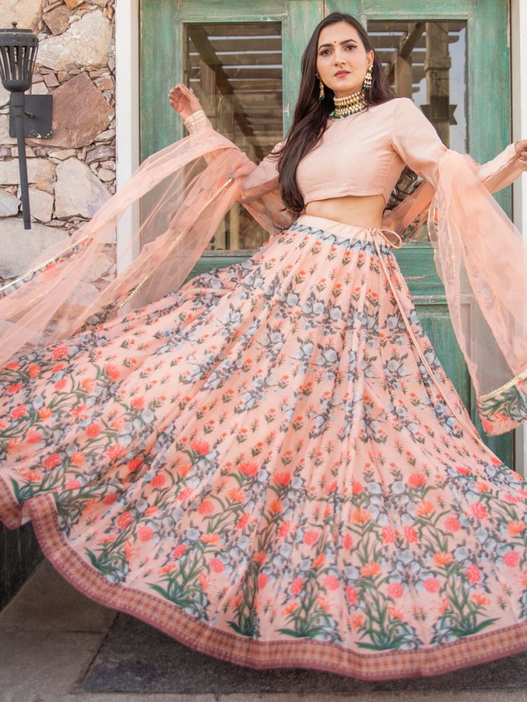 Apricot Orange Chanderi Silk Festival Printed Lehenga Choli