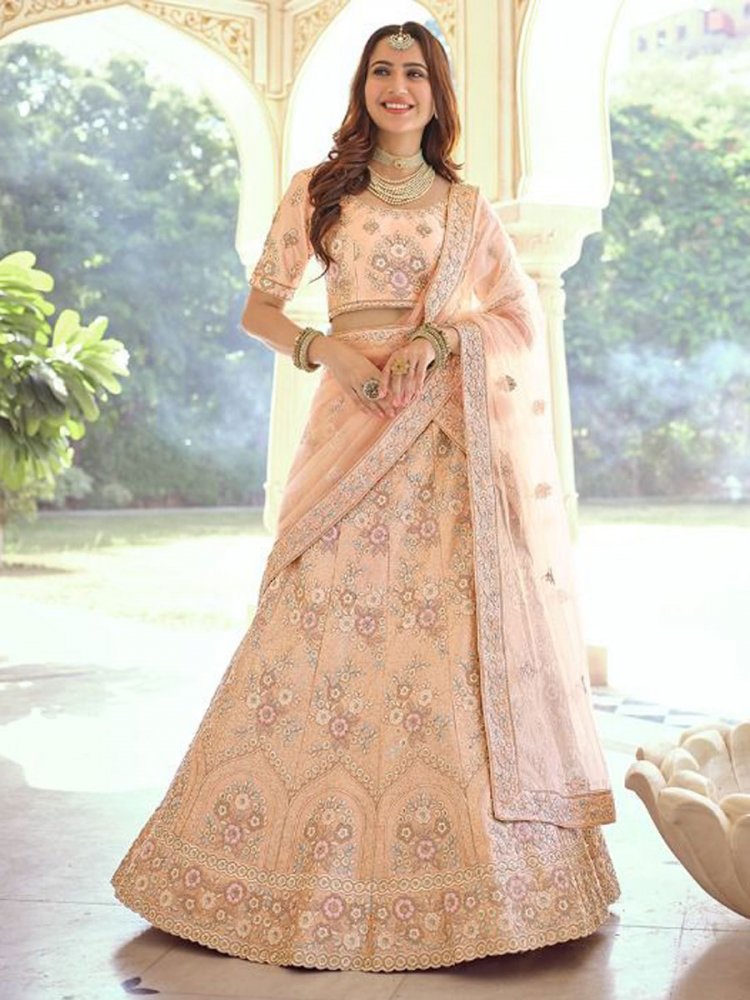 Apricot Orange Crepe Embroidered Bridal Lehenga Choli